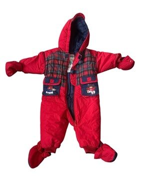 Vtg Baby Infant Toddler Snowsuit W/ Detachable Gloves Football Plaid 18 Months